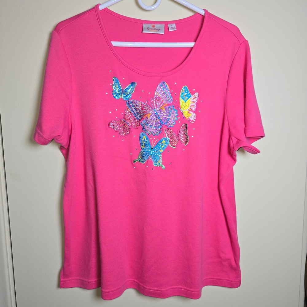Womens QUACKER FACTORY By Jeanne Bice Bedazzled Pink Butterfly tShirt Size L